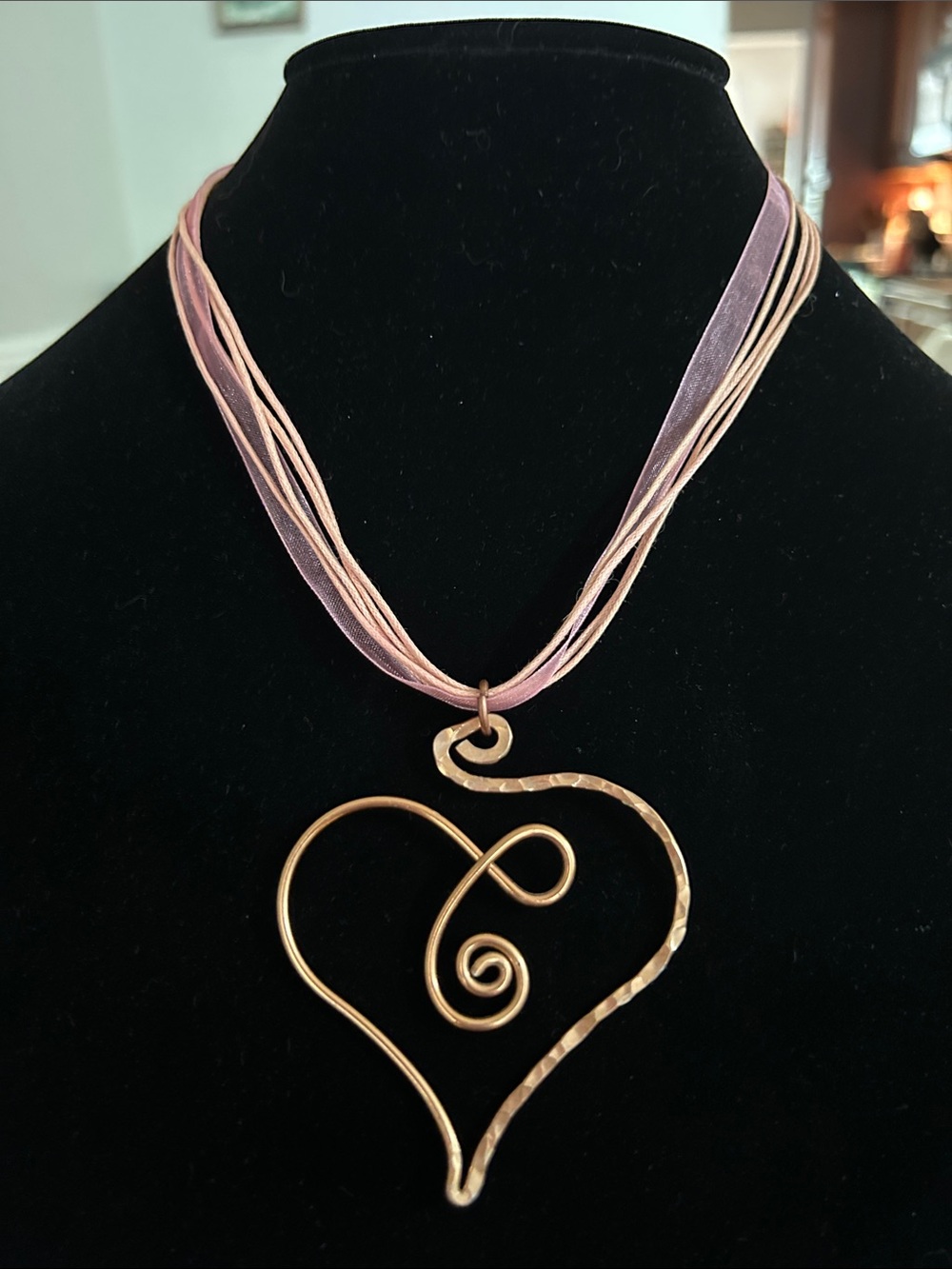 Pink Multi-Strand Ribbon Necklace with Gold-Tone Heart Pendant